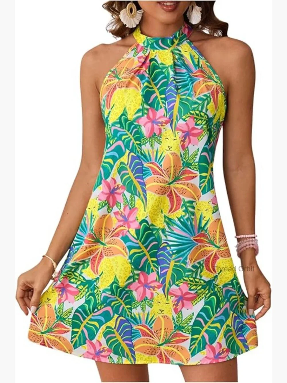 Sleeveless Floral Print Halter Sundress A-Line Casual Summer Dress